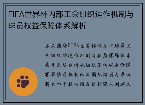 FIFA世界杯内部工会组织运作机制与球员权益保障体系解析